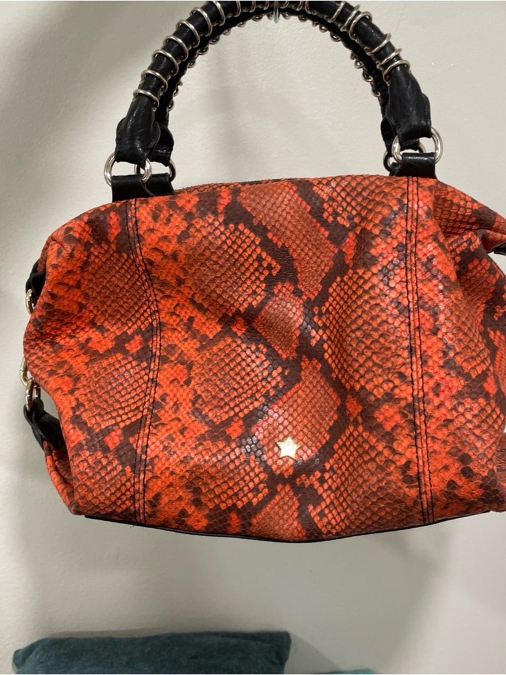 Ash Red Snake-Print Satchel with Black Wrapped Handles